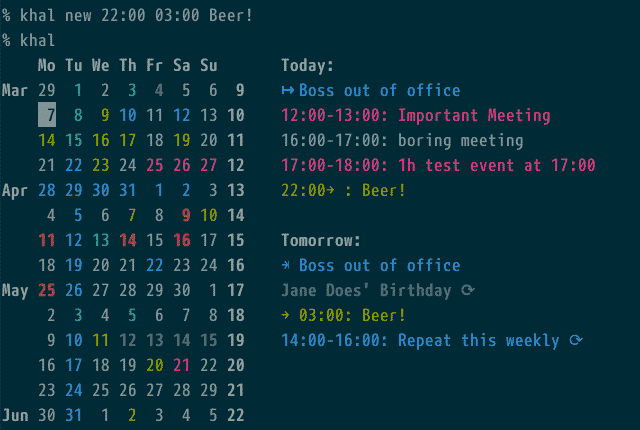 Vue en mode calendrier du logiciel Khal